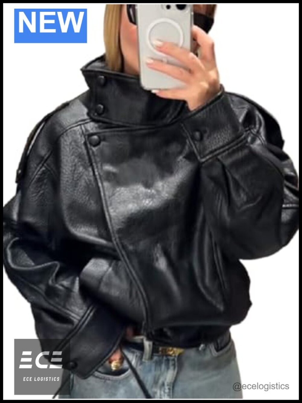 Faux Leather Jacket Women Stand Collar Long Sleeve Casual Outerwear